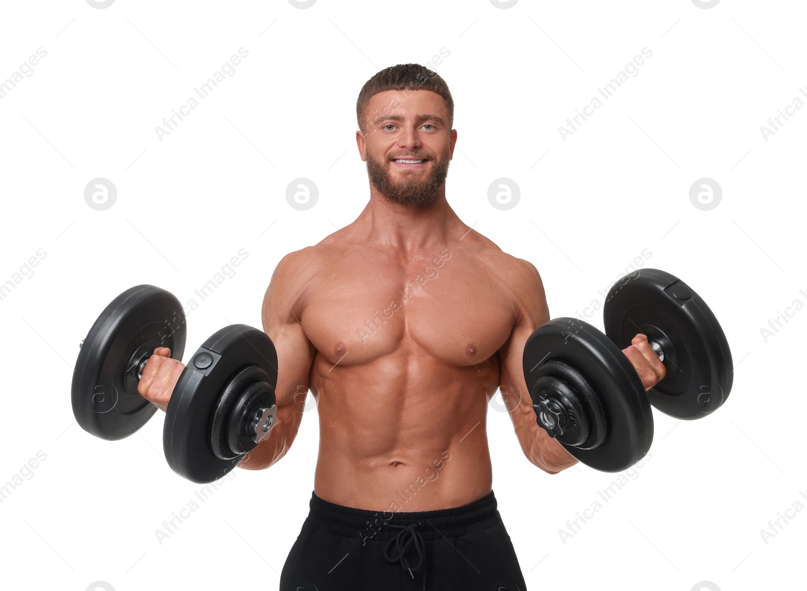 Photo of Young bodybuilder exercising with dumbbells on white background