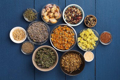 Many different dry herbs, flowers and seeds on blue wooden table, flat lay