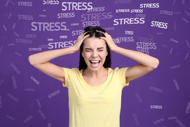 Image of Stressed young woman and text on violet background
