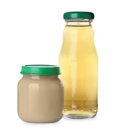 Photo of Baby food in jar near bottle of juice on white background