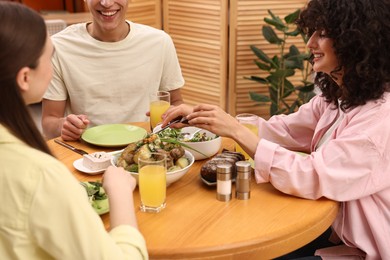 Friends having vegetarian meal at table in cafe