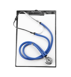 Photo of Stethoscope and clipboard isolated on white, top view. Medical tool