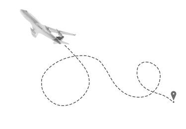 Flight direction illustration. Plane and pin connected by dashed line on white background