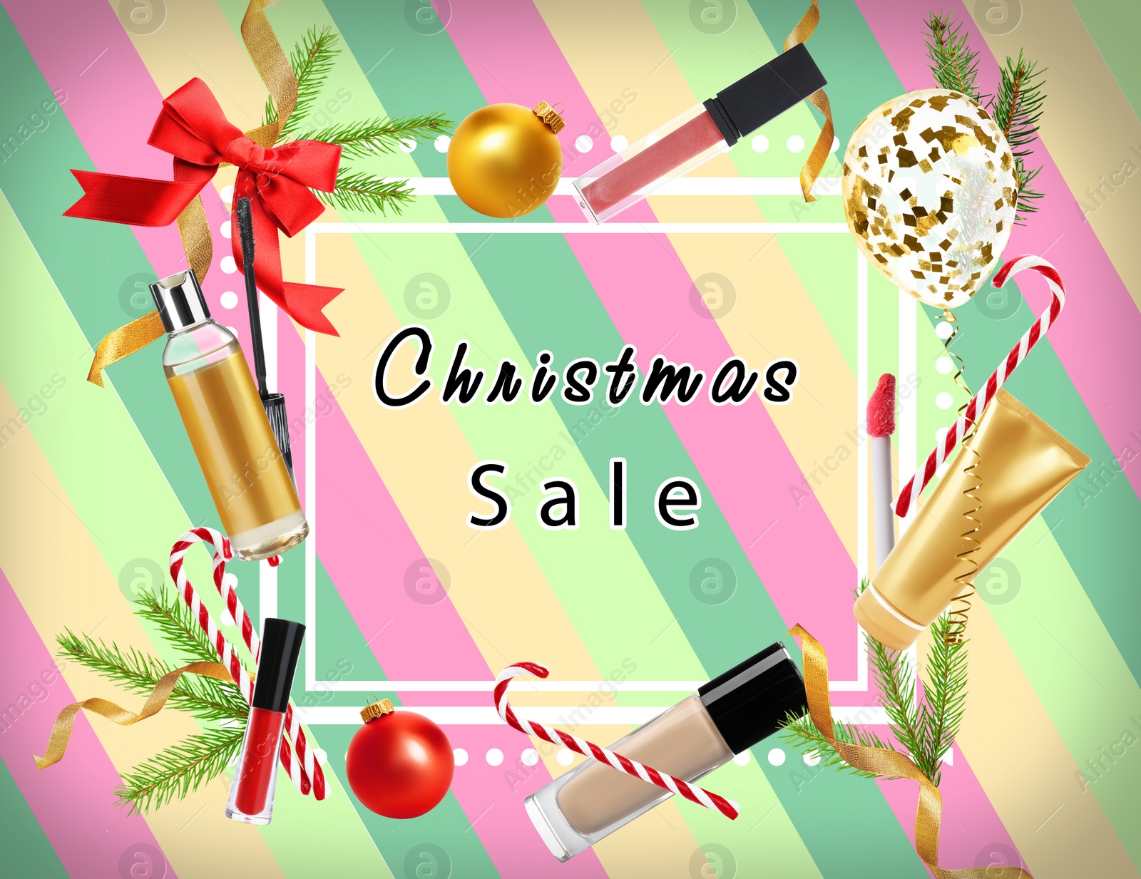 Image of Christmas sale ad with makeup products and decor