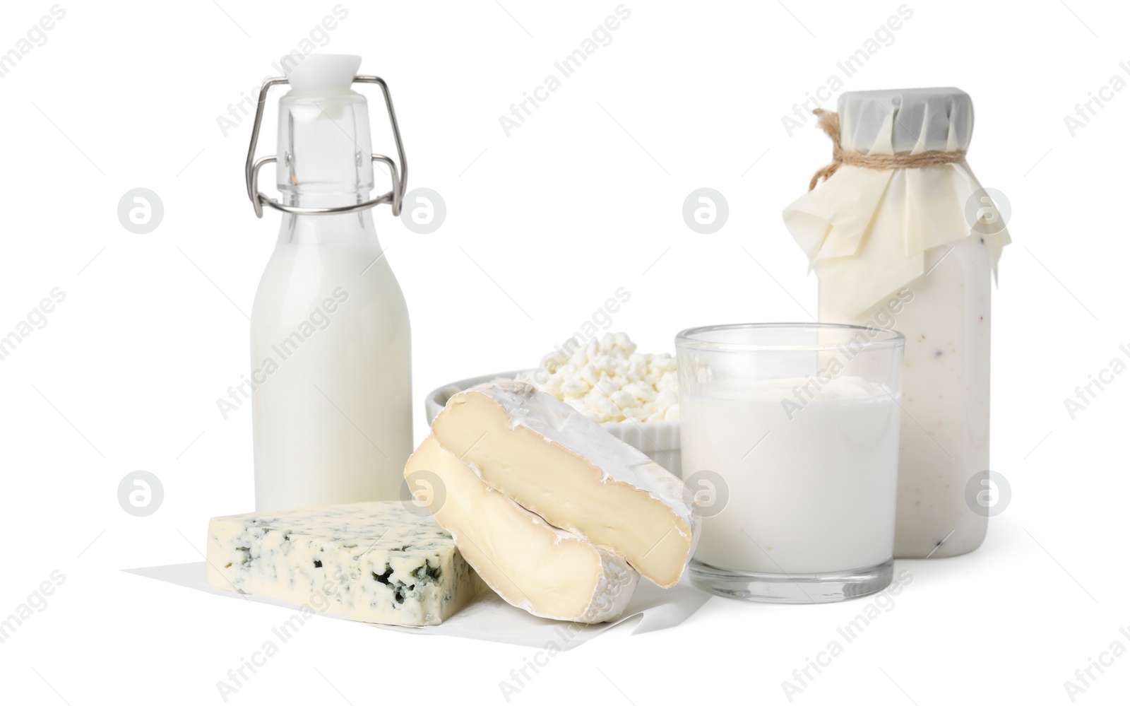 Photo of Different fresh dairy products isolated on white