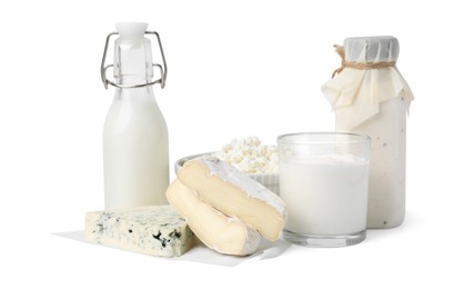 Different fresh dairy products isolated on white