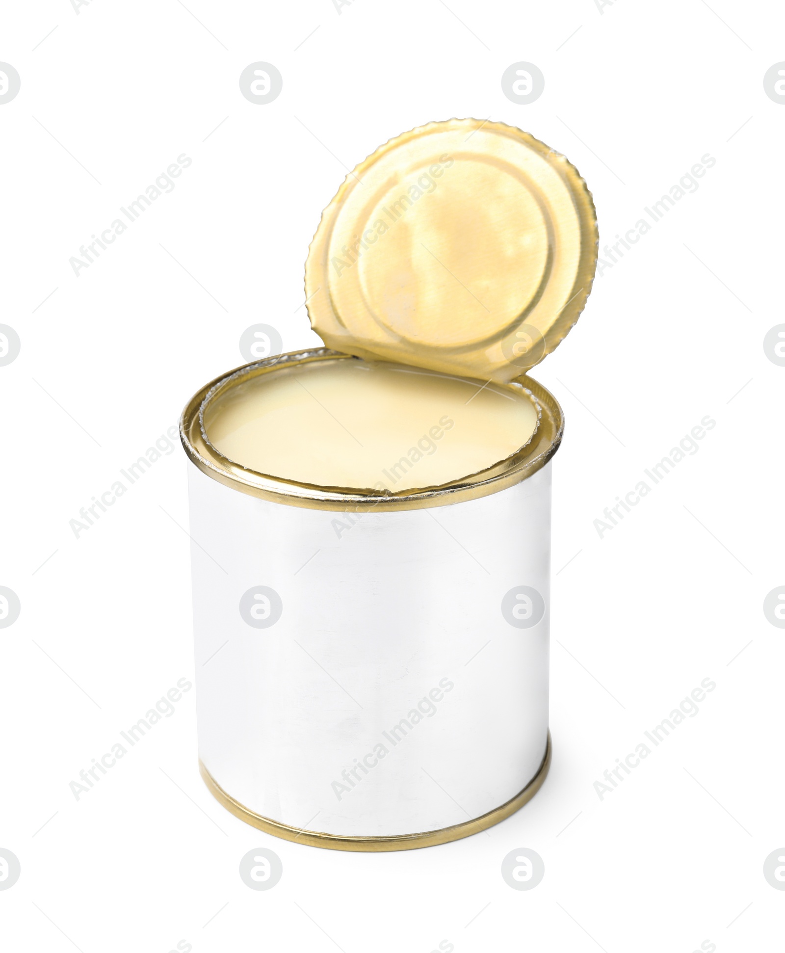 Photo of Open tin can with condensed milk isolated on white