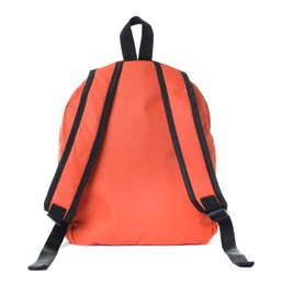 Photo of One orange backpack on white background, back view