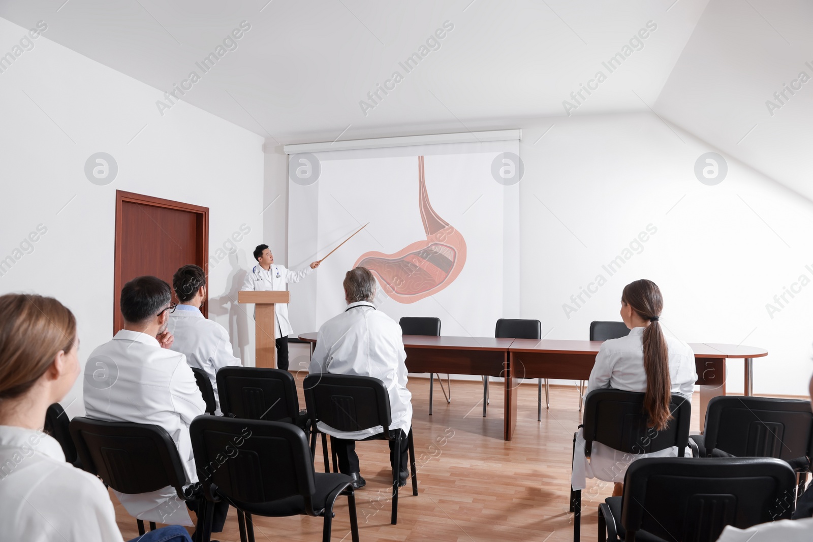 Image of Lecture in gastroenterology. Professors and doctors in conference room. Projection screen with illustration of stomach