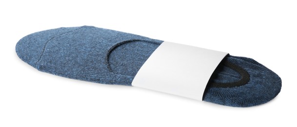 Photo of New pair of cotton socks on white background