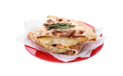 Photo of Tasty pizza calzones with cheese and rosemary isolated on white