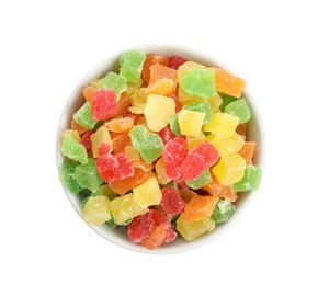 Photo of Mix of delicious candied fruits in bowl isolated on white, top view
