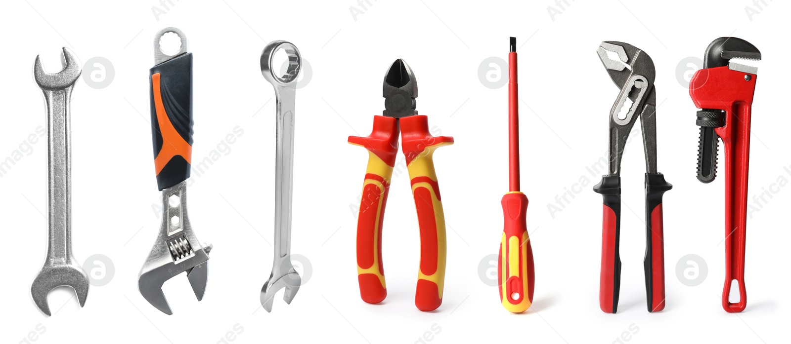 Image of Set with different construction tools on white background. Banner design