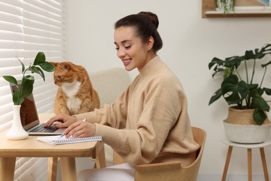 Photo of Happy woman working with laptop at home. Cute cat sitting on wooden desk near owner