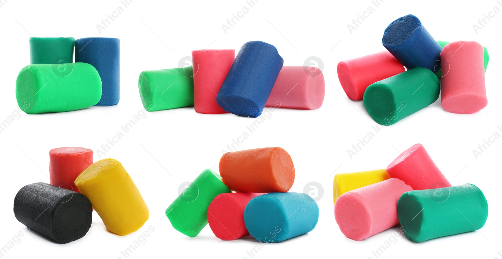 Image of Set with different colorful play dough on white background