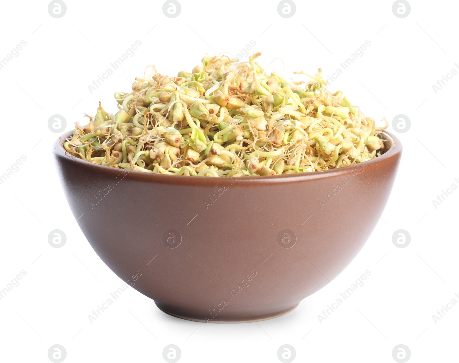 Photo of Bowl of sprouted green buckwheat isolated on white