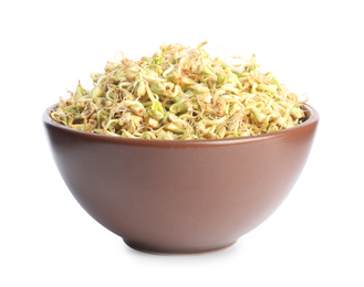 Bowl of sprouted green buckwheat isolated on white