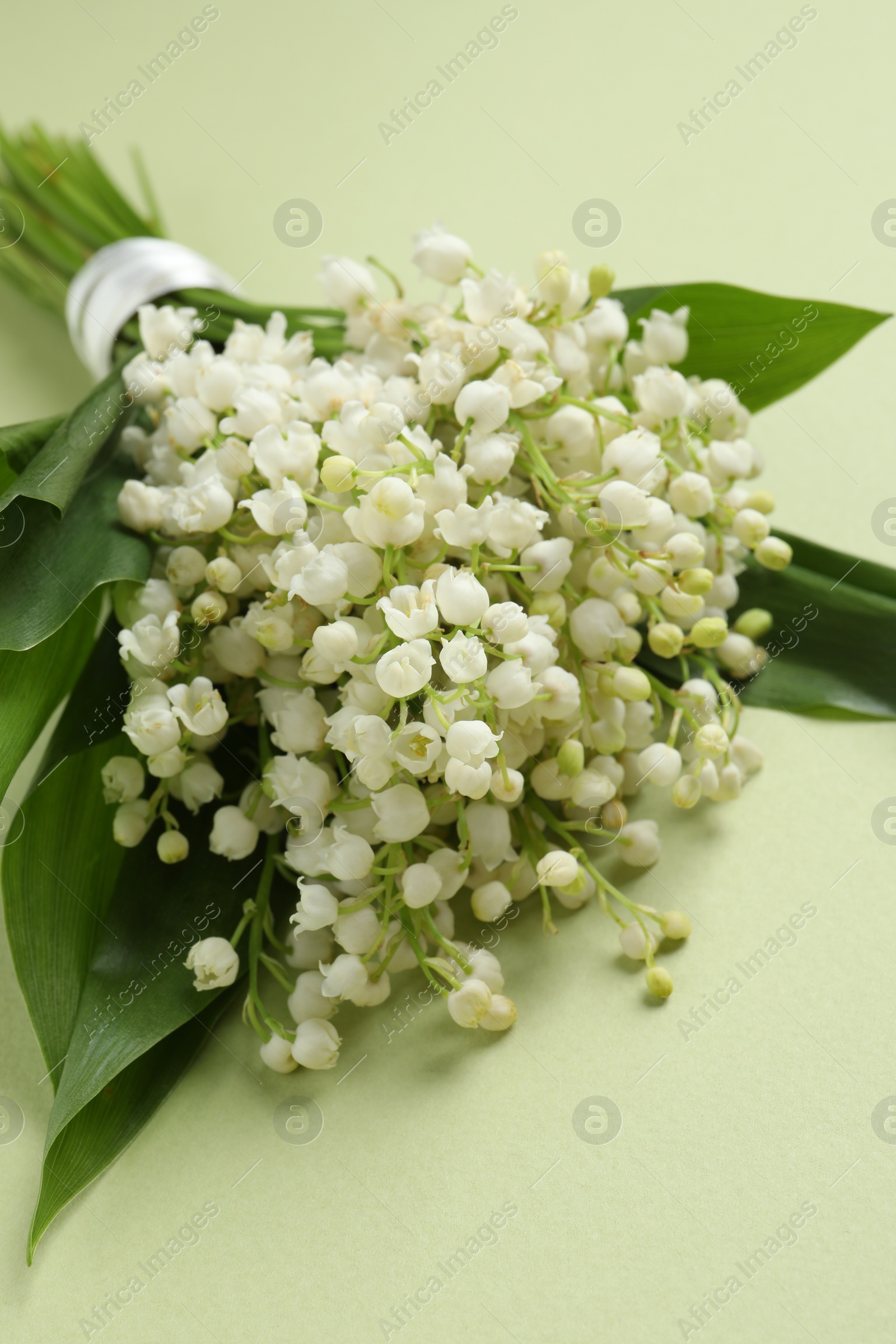 Photo of Beautiful lily of the valley bouquet on light green background, closeup