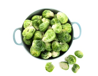 Photo of Fresh Brussels sprouts in colander on white background, top view