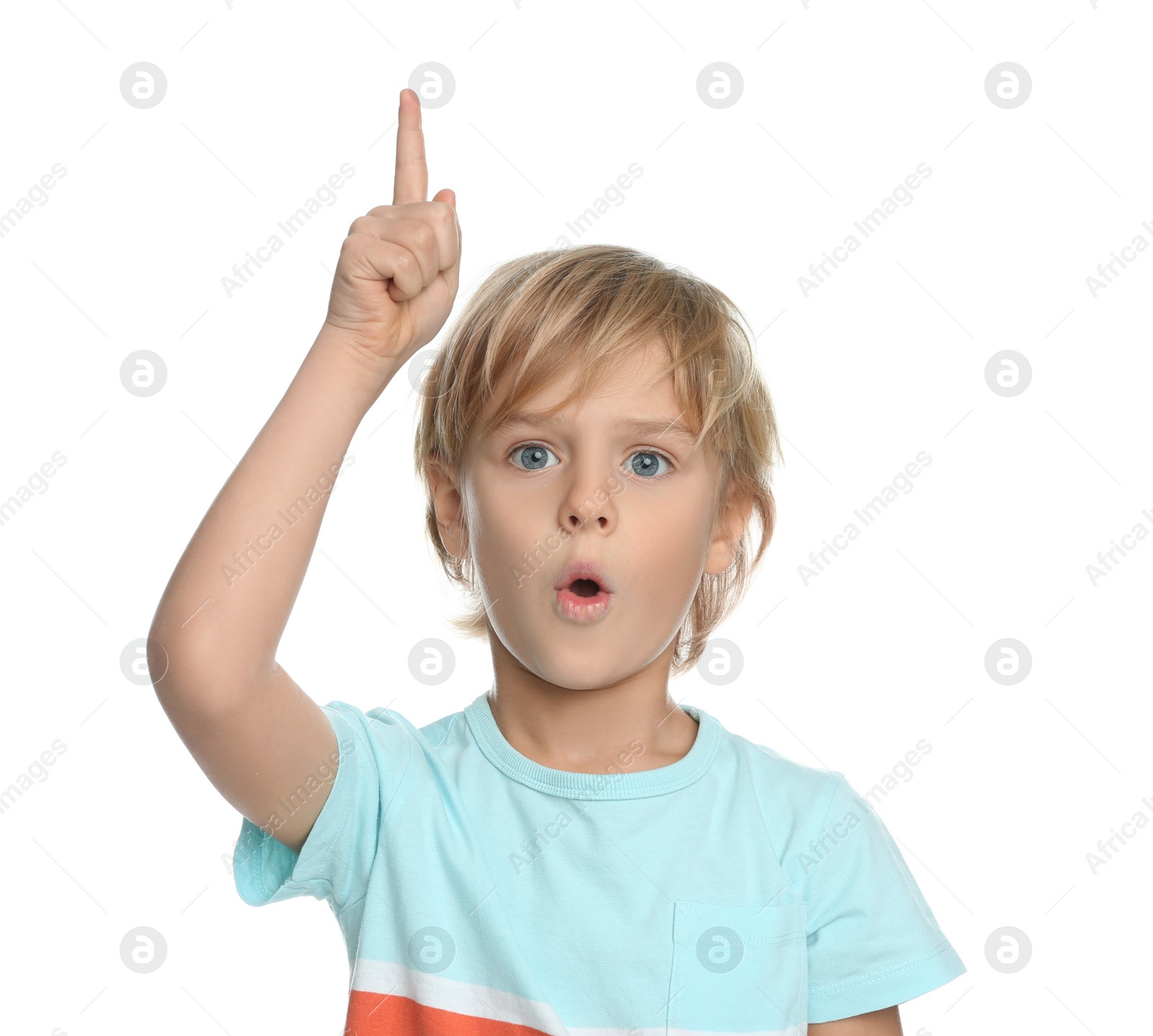 Photo of Portrait of cute little boy on white background