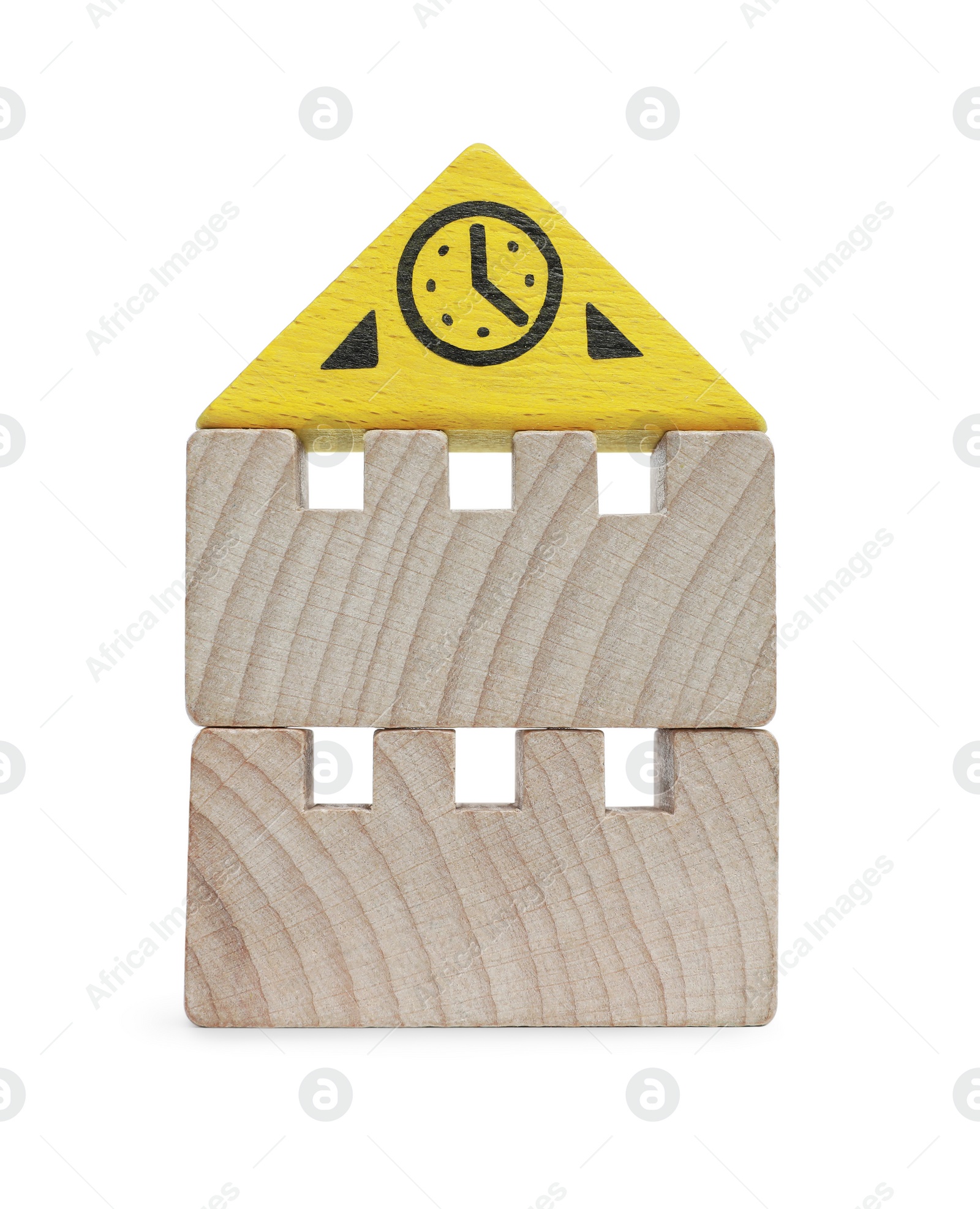 Photo of Wooden clock tower made of building blocks isolated on white. Educational toy for motor skills development