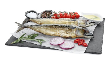 Delicious smoked mackerels and products on white background