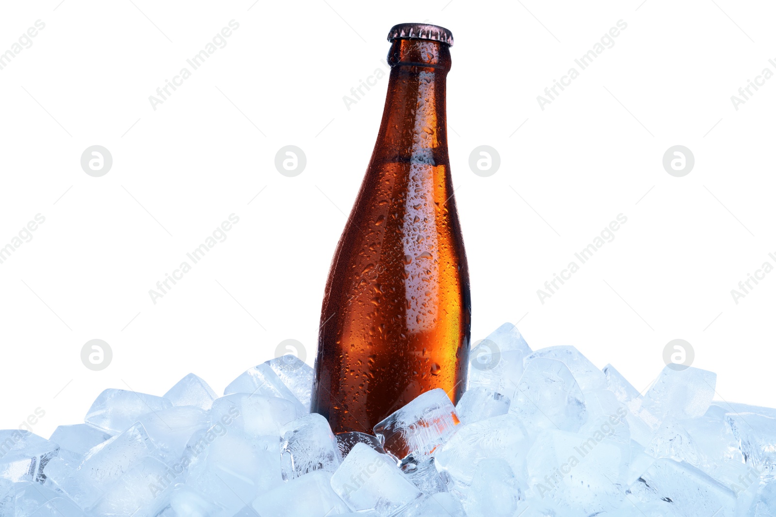 Photo of Ice cubes and bottle on white background