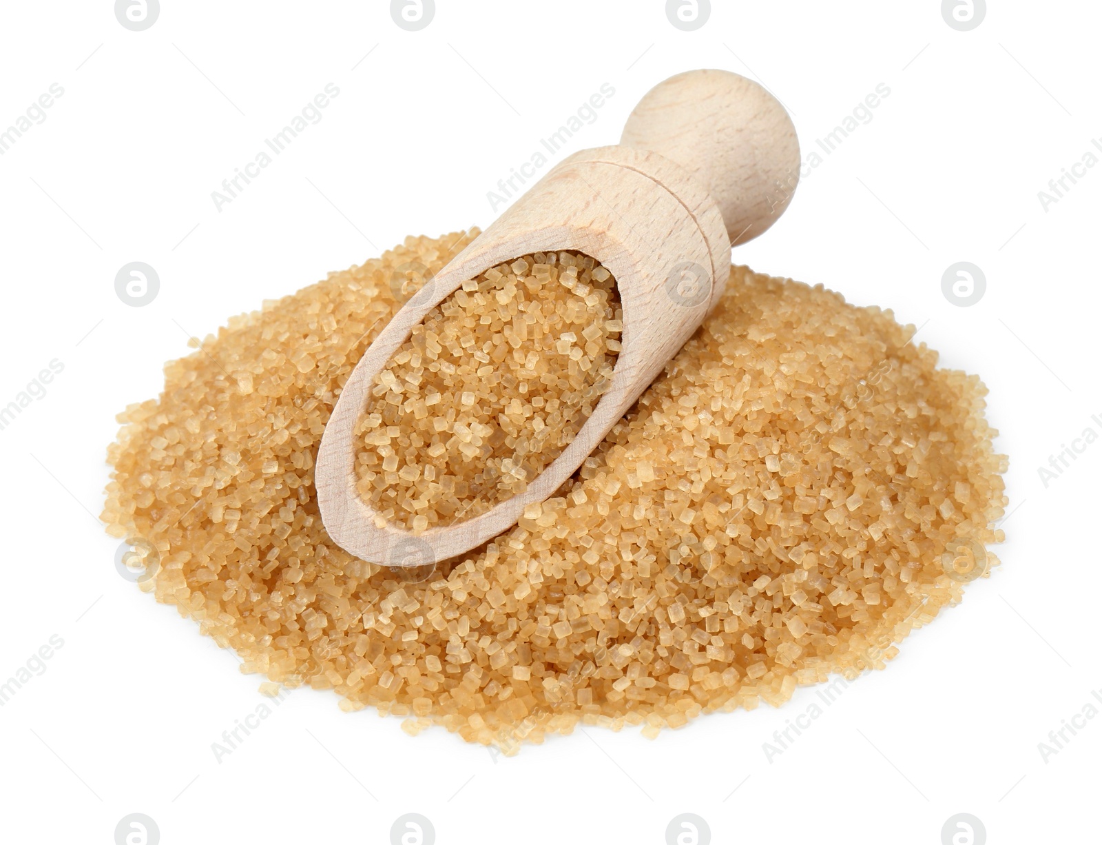 Photo of Pile of brown sugar and scoop isolated on white