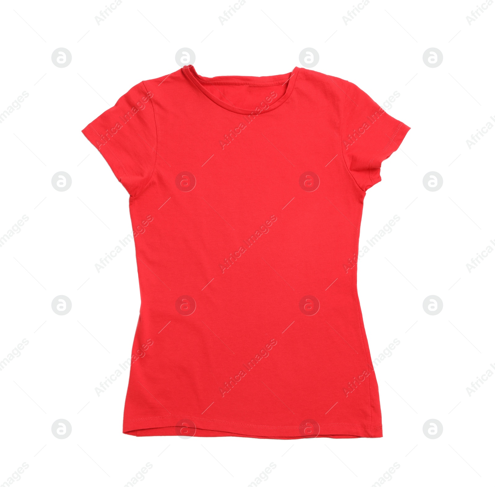 Photo of Stylish red female T-shirt isolated on white, top view