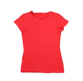Photo of Stylish red female T-shirt isolated on white, top view