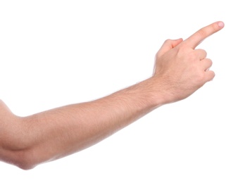 Photo of Man pointing at something on white background, closeup of hand