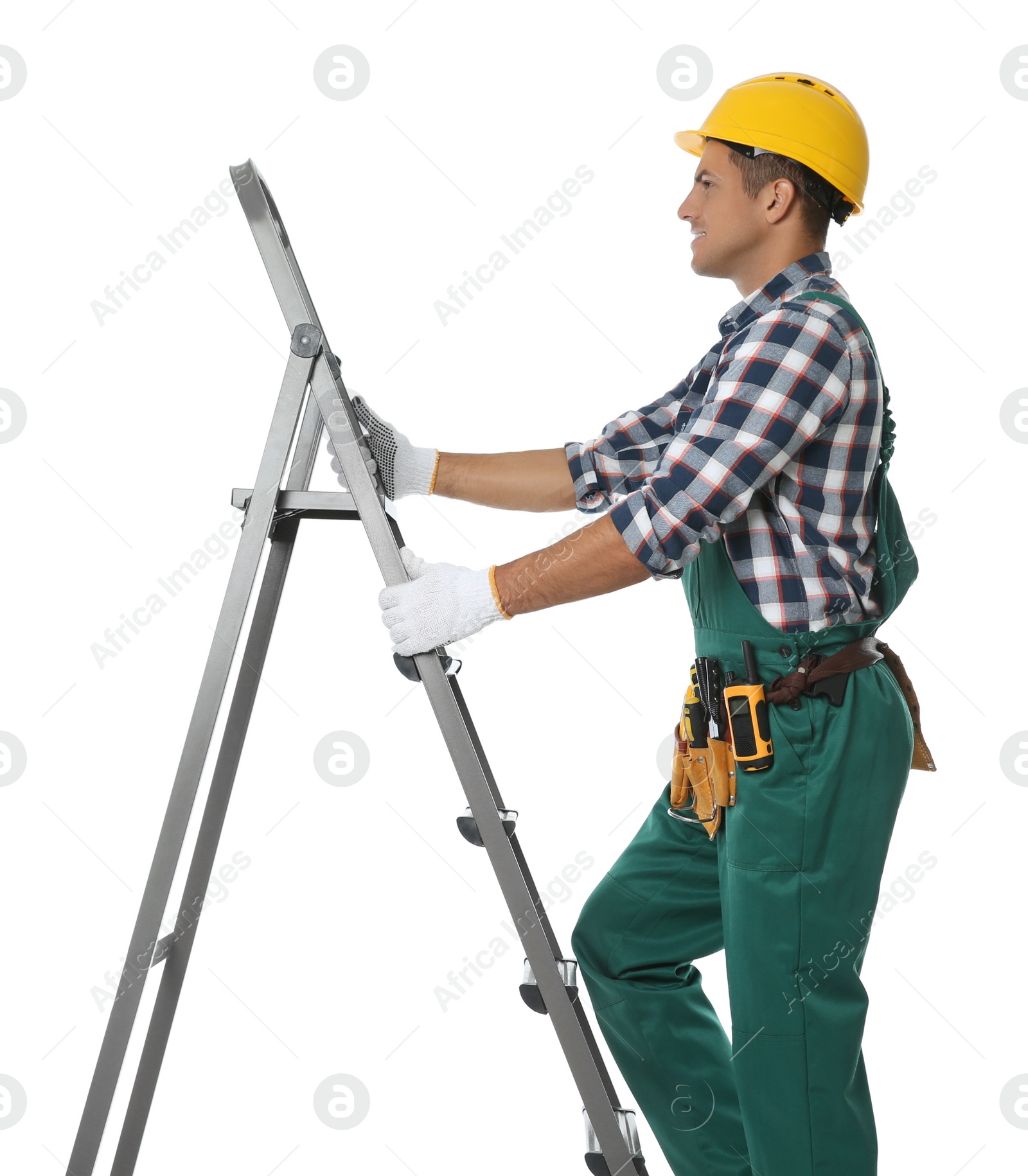 Photo of Professional builder climbing up metal ladder on white background