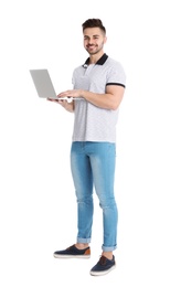 Happy man with laptop on white background