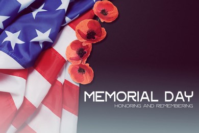 Memorial Day, Honoring and Remembering. American flag and red poppy flowers on color background