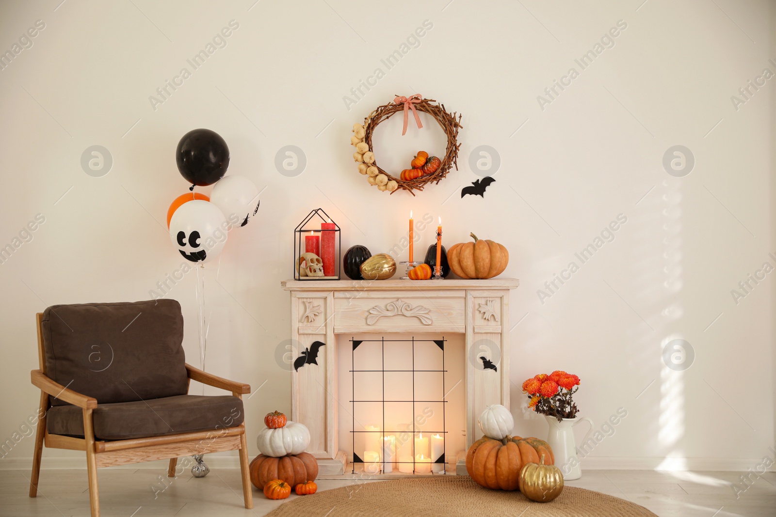 Photo of Modern room decorated for Halloween. Idea for festive interior