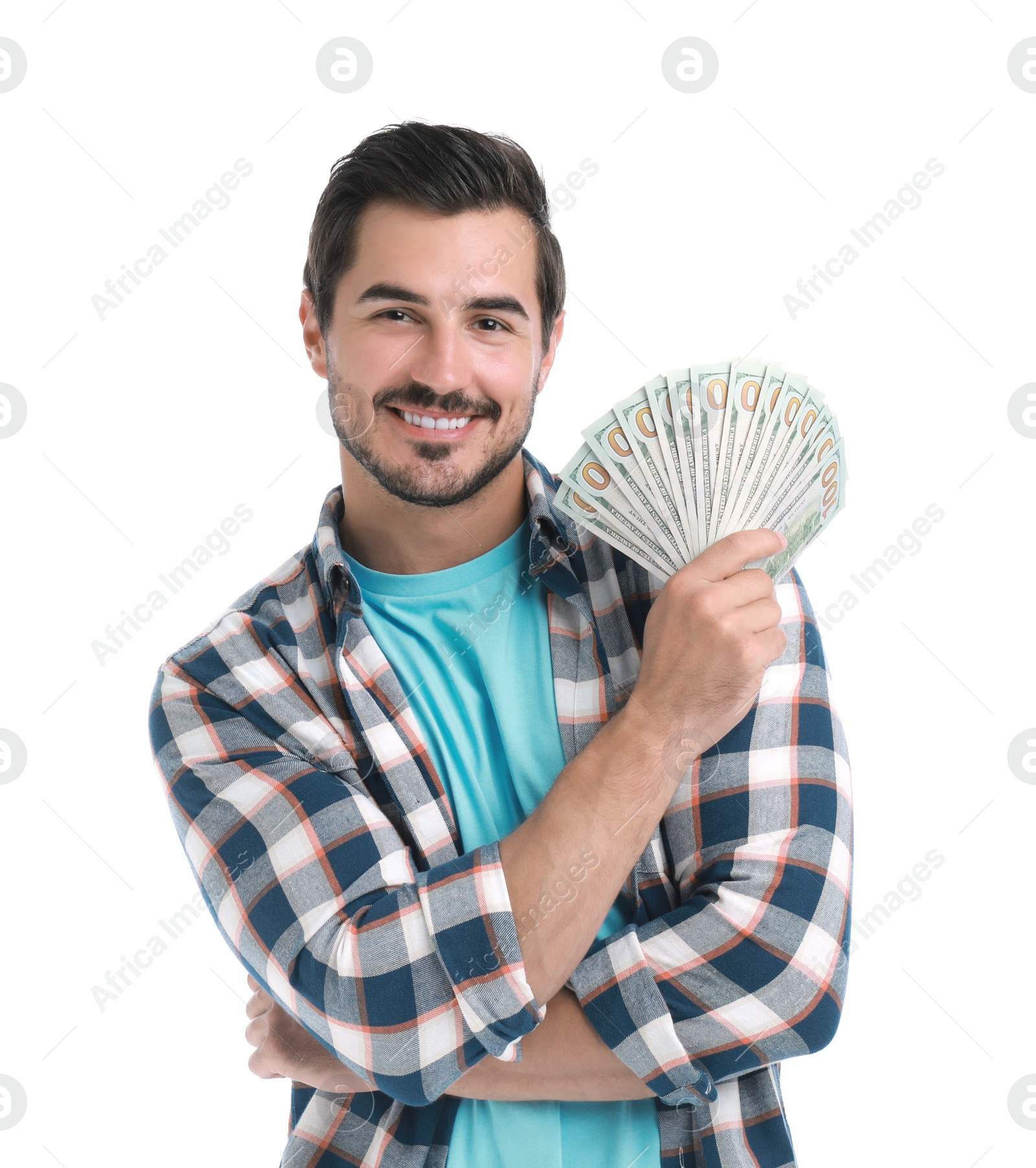 Photo of Handsome young man with dollars on white background