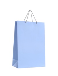 Light blue paper shopping bag isolated on white