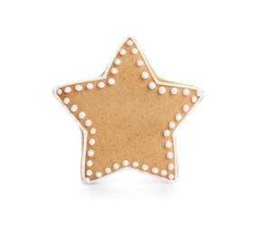 Photo of Tasty star shaped gingerbread cookie on white background. St. Nicholas Day celebration