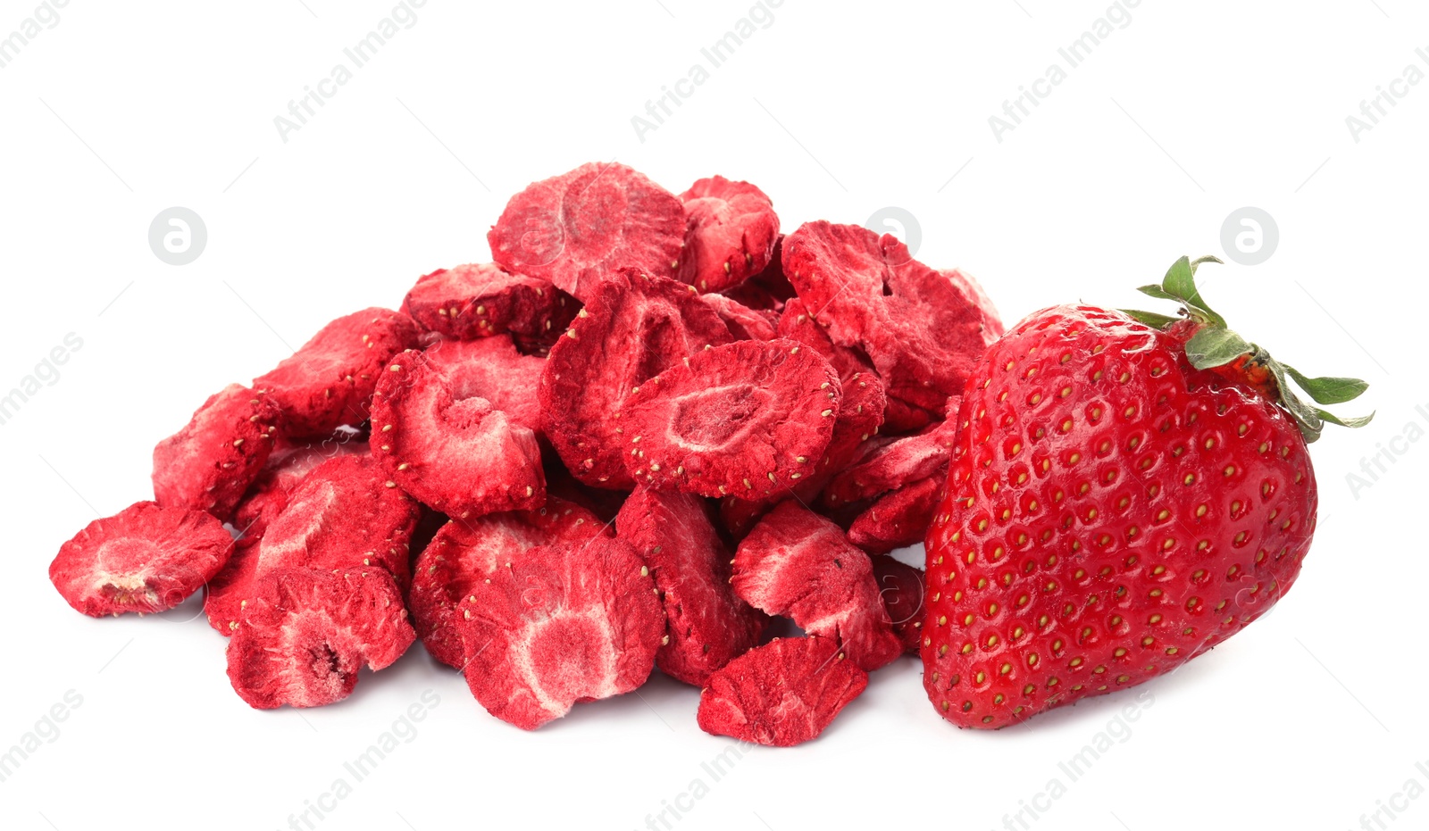 Photo of Sweet sublimated and fresh strawberries on white background