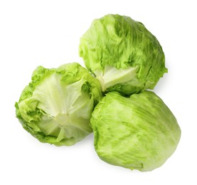 Photo of Fresh green iceberg lettuces isolated on white, top view