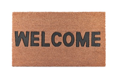 Photo of Stylish door mat with word Welcome on white background, top view