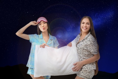 Image of Beautiful women with pillow and night starry sky on background. Bedtime