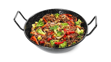 Photo of Stir-fry. Tasty noodles with meat and vegetables in wok isolated on white