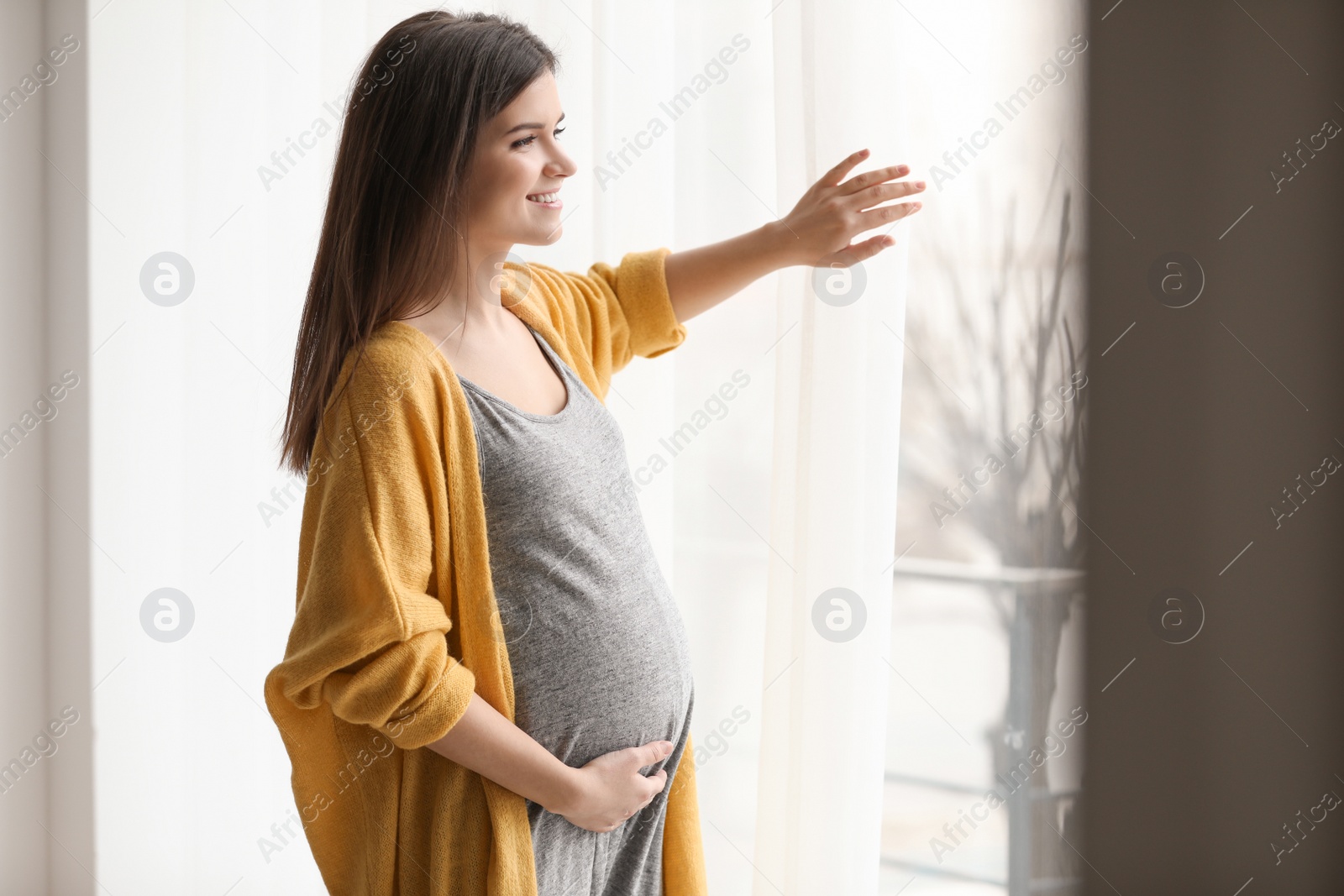 Photo of Young pregnant woman near window at home