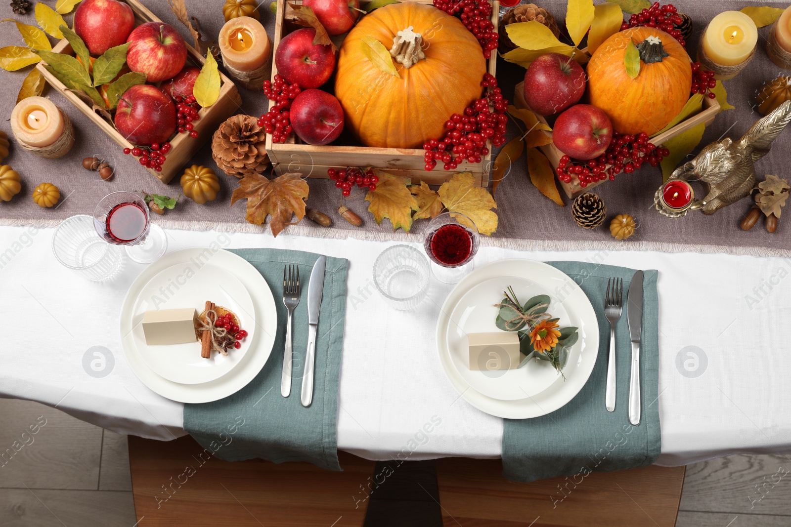 Photo of Beautiful autumn place setting and decor on table, flat lay