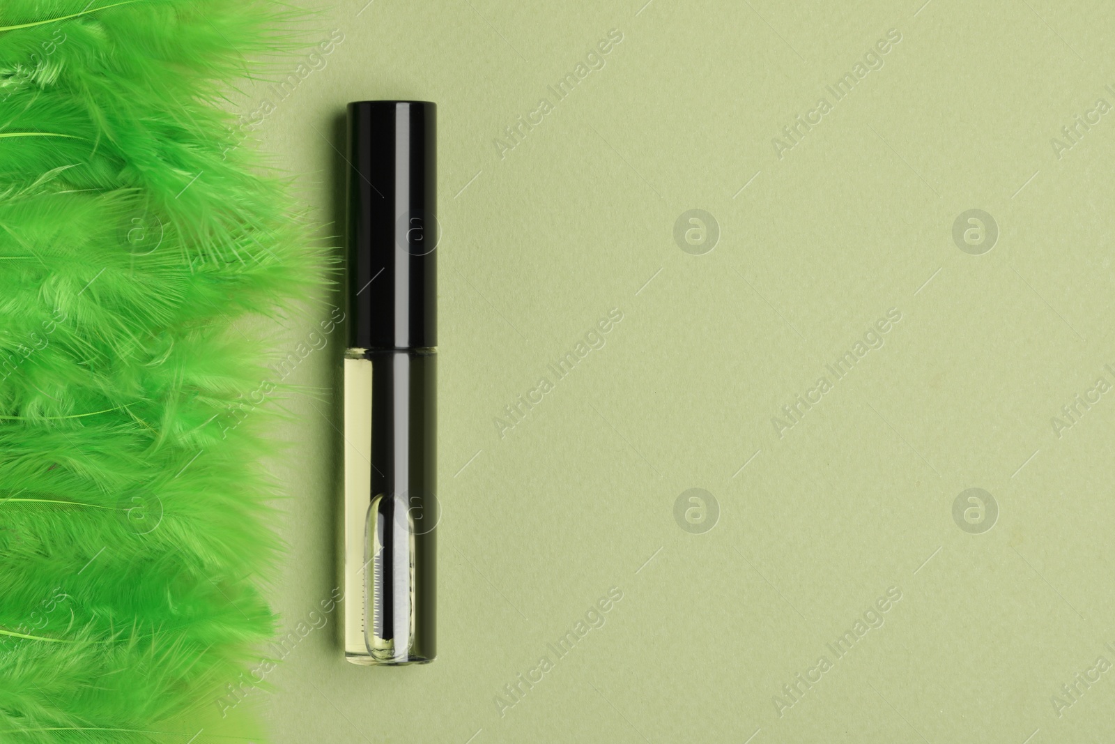 Photo of Tube of eyelash oil and bright feathers on light green background, flat lay. Space for text