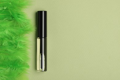 Photo of Tube of eyelash oil and bright feathers on light green background, flat lay. Space for text