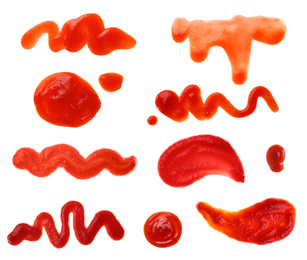 Image of Set of tasty tomato sauce on white background