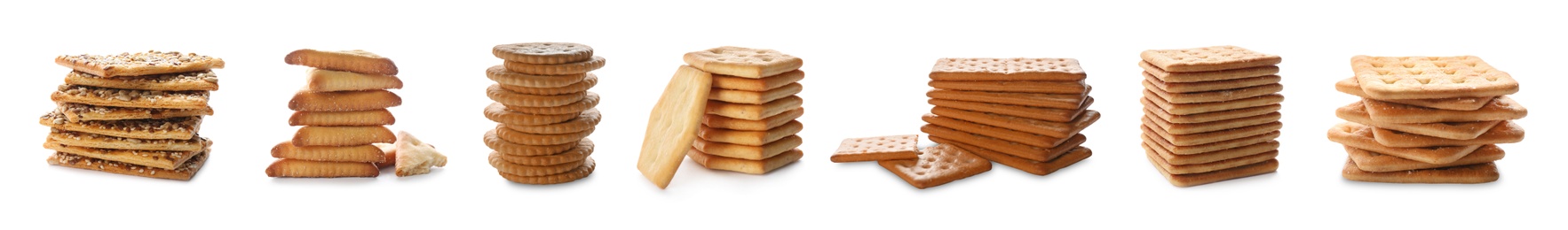 Set of different tasty stacked crackers on white background, banner design