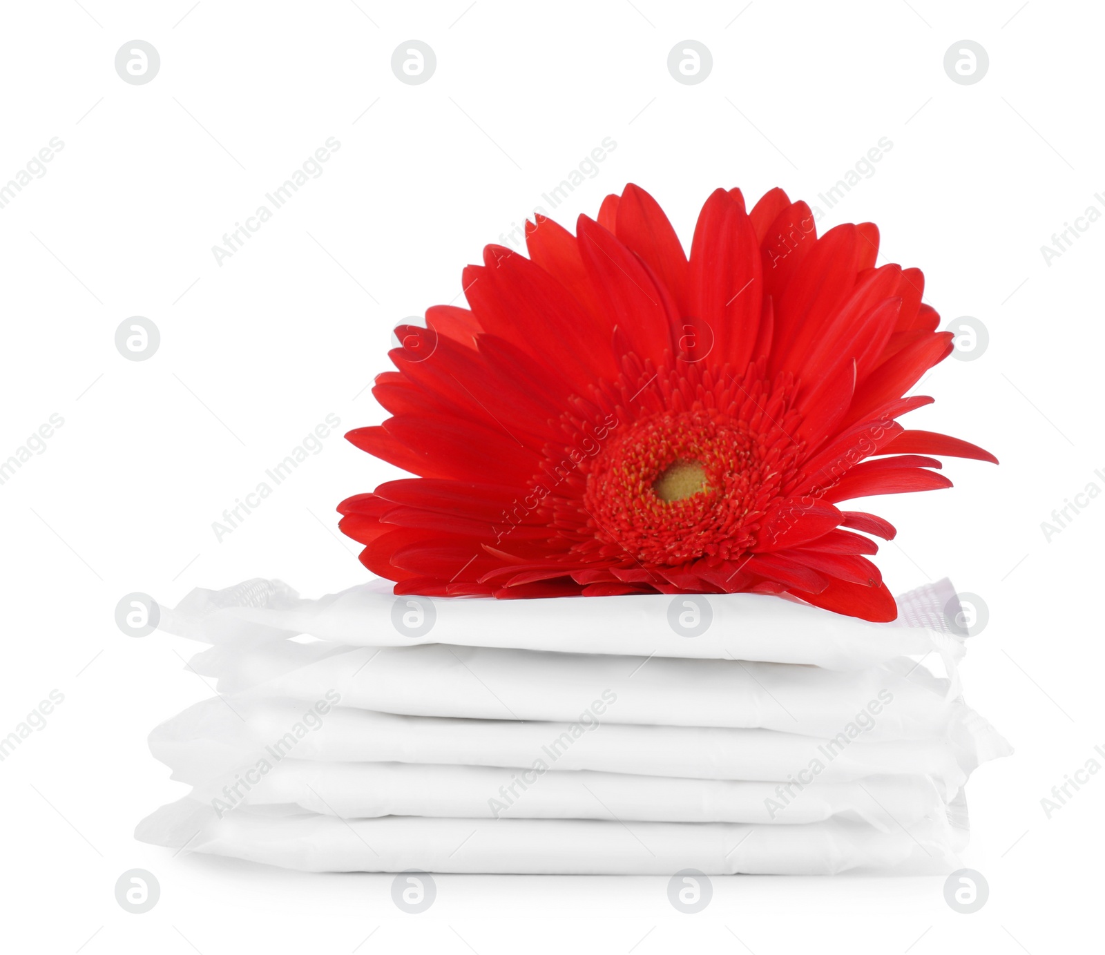 Photo of Stack of menstrual pads and gerbera flower on white background. Gynecological care